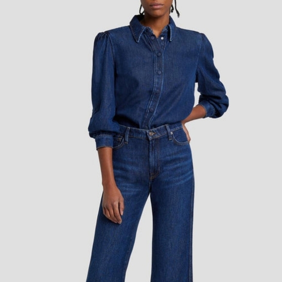 7FAM Denim Lustre Puff Sleeve Shirt S Poppy NEW - Picture 1 of 10